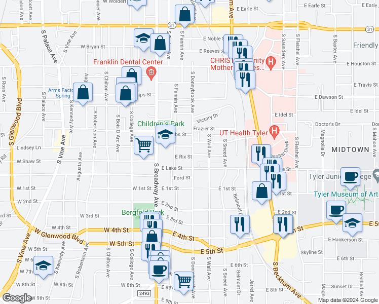 map of restaurants, bars, coffee shops, grocery stores, and more near 1005 South Donnybrook Avenue in Tyler