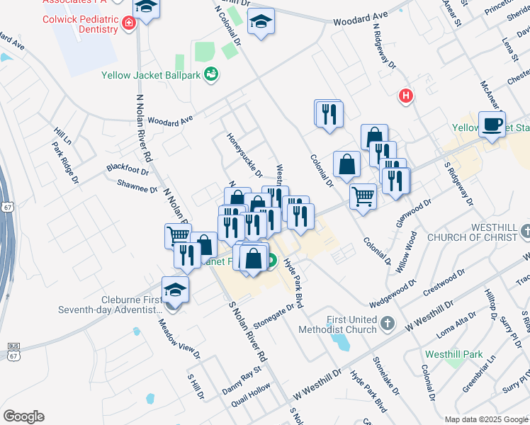 map of restaurants, bars, coffee shops, grocery stores, and more near 1646 West Henderson Street in Cleburne