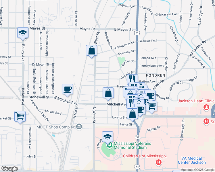 map of restaurants, bars, coffee shops, grocery stores, and more near 301 Hartfield Street in Jackson