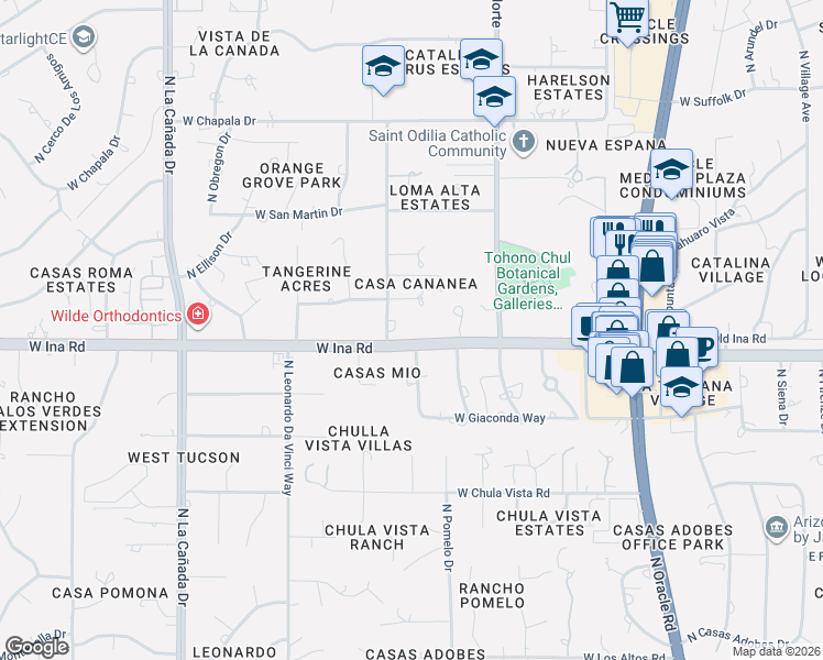 map of restaurants, bars, coffee shops, grocery stores, and more near 7131 North Giaconda Way in Tucson