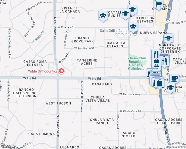 map of restaurants, bars, coffee shops, grocery stores, and more near 1111 West Ina Road in Tucson