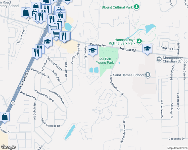 map of restaurants, bars, coffee shops, grocery stores, and more near 5316 Rexford Court in Montgomery