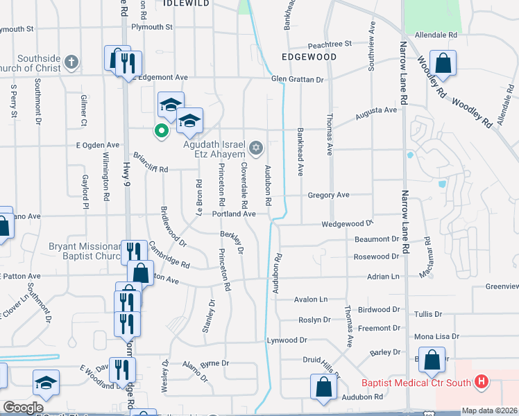 map of restaurants, bars, coffee shops, grocery stores, and more near 3603 Cloverdale Road in Montgomery