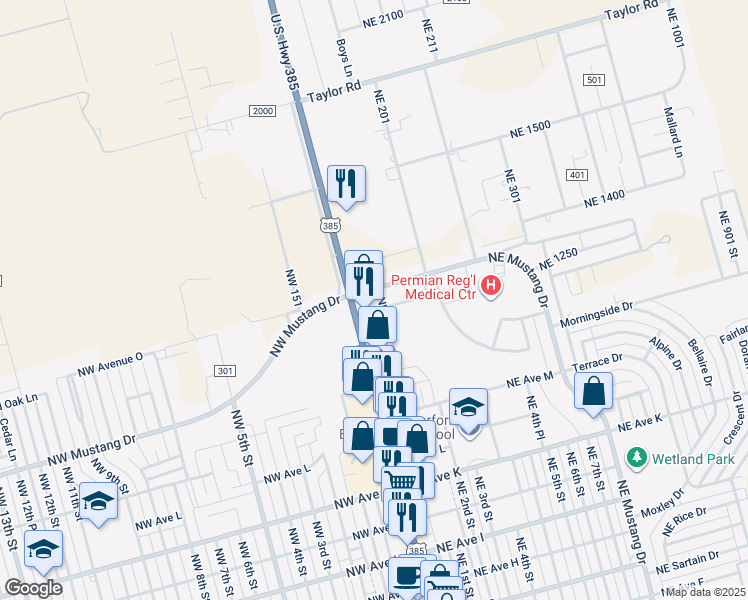 map of restaurants, bars, coffee shops, grocery stores, and more near 1518 North Main Street in Andrews