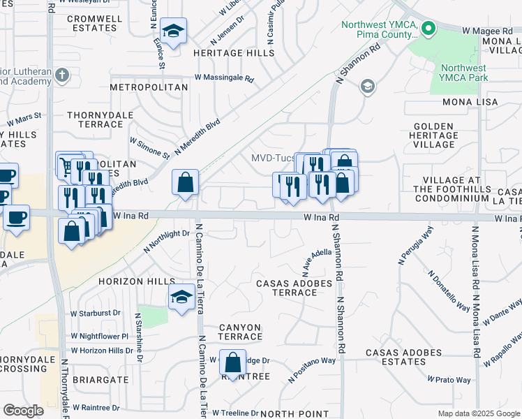 map of restaurants, bars, coffee shops, grocery stores, and more near 3201 West Ina Road in Tucson
