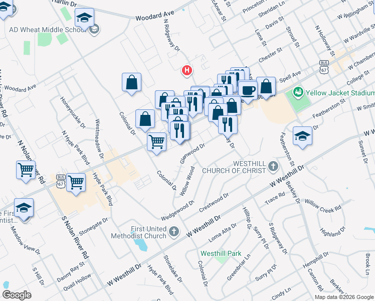 map of restaurants, bars, coffee shops, grocery stores, and more near Municipal Dr in Cleburne