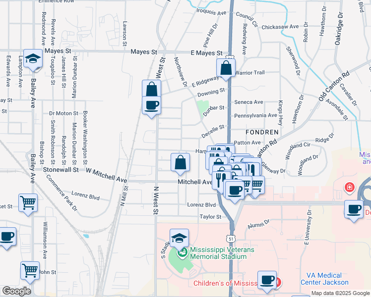 map of restaurants, bars, coffee shops, grocery stores, and more near 310 Hartfield Street in Jackson