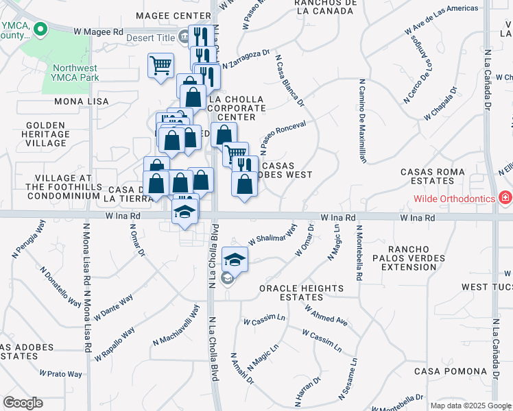 map of restaurants, bars, coffee shops, grocery stores, and more near 7250 North La Cholla Boulevard in Tucson