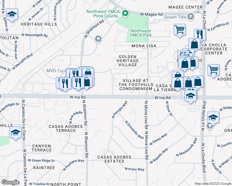 map of restaurants, bars, coffee shops, grocery stores, and more near N Shana Wing Rd in Tucson