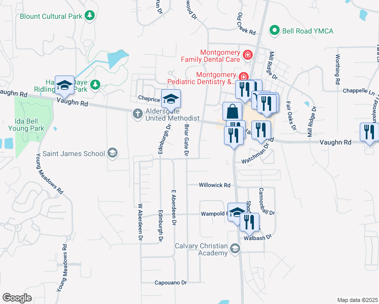 map of restaurants, bars, coffee shops, grocery stores, and more near 2024 Briar Gate Drive in Montgomery
