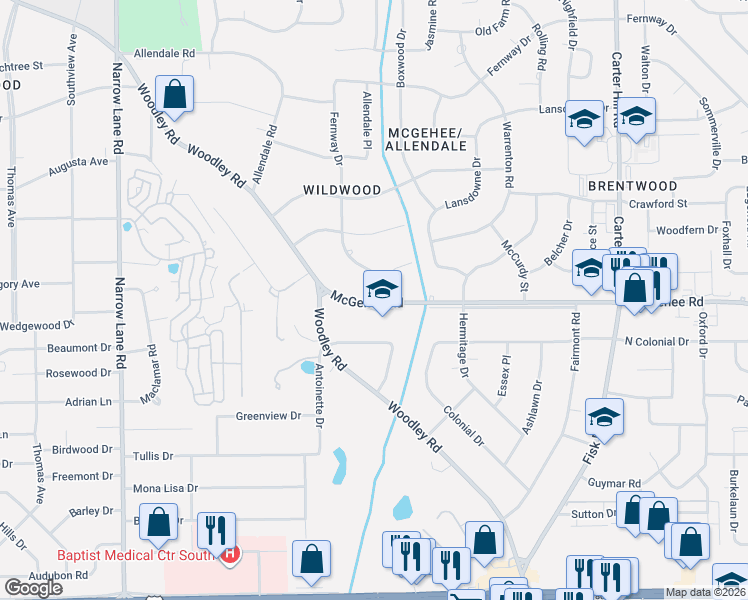 map of restaurants, bars, coffee shops, grocery stores, and more near 2402 Cherokee Drive in Montgomery