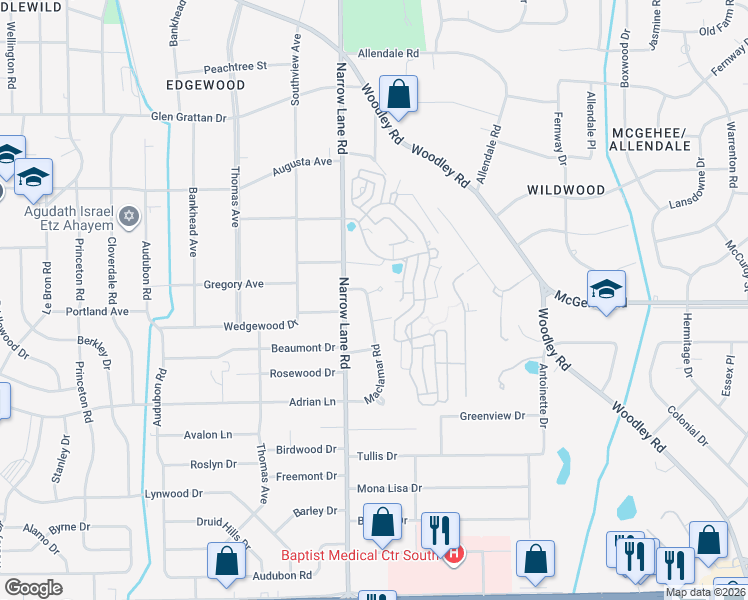 map of restaurants, bars, coffee shops, grocery stores, and more near 3727 Maclamar Road in Montgomery