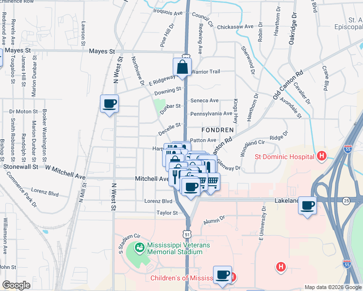 map of restaurants, bars, coffee shops, grocery stores, and more near 3310 North State Street in Jackson
