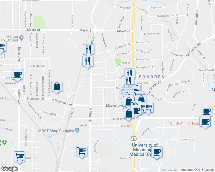 map of restaurants, bars, coffee shops, grocery stores, and more near 3405 Downing Street in Jackson