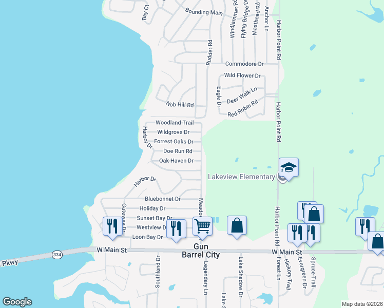 map of restaurants, bars, coffee shops, grocery stores, and more near 116 Doe Run Road in Gun Barrel City