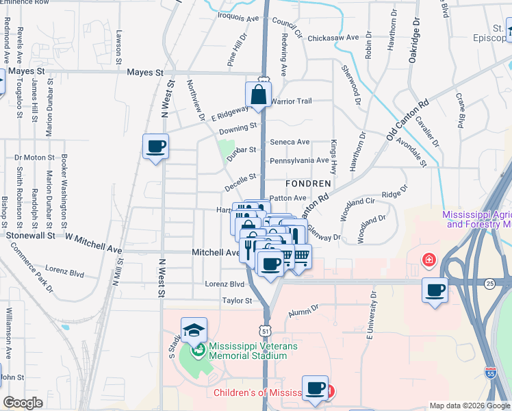 map of restaurants, bars, coffee shops, grocery stores, and more near 3310 North State Street in Jackson