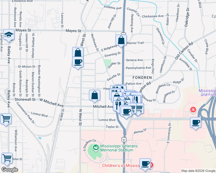 map of restaurants, bars, coffee shops, grocery stores, and more near 344 Decelle Street in Jackson