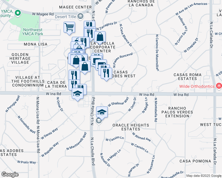 map of restaurants, bars, coffee shops, grocery stores, and more near 7250 North La Cholla Boulevard in Tucson