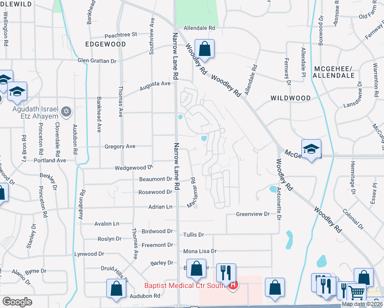 map of restaurants, bars, coffee shops, grocery stores, and more near 3727 Maclamar Road in Montgomery