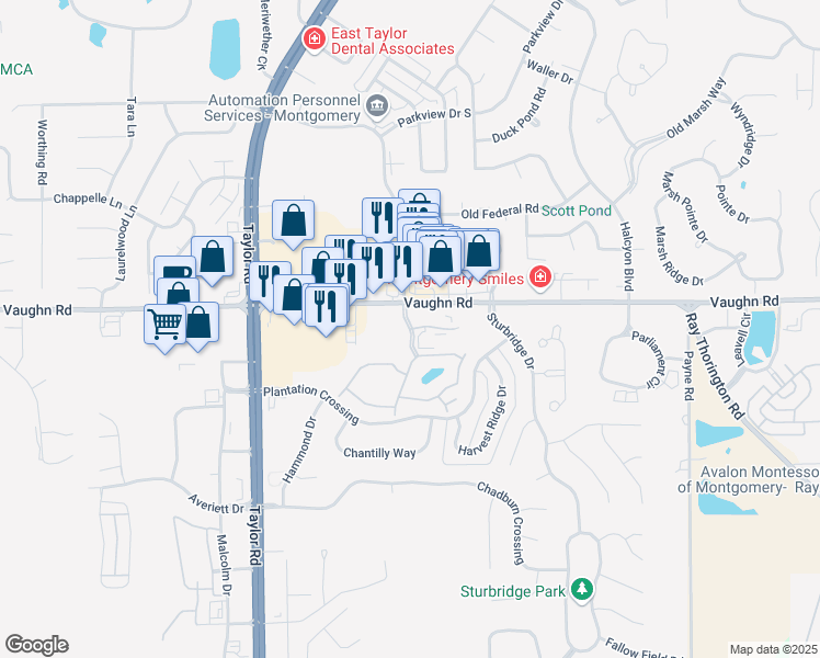 map of restaurants, bars, coffee shops, grocery stores, and more near Seaton Boulevard in Montgomery