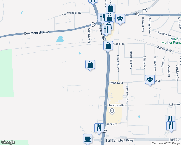 map of restaurants, bars, coffee shops, grocery stores, and more near 1000 Whiteside Road in Tyler