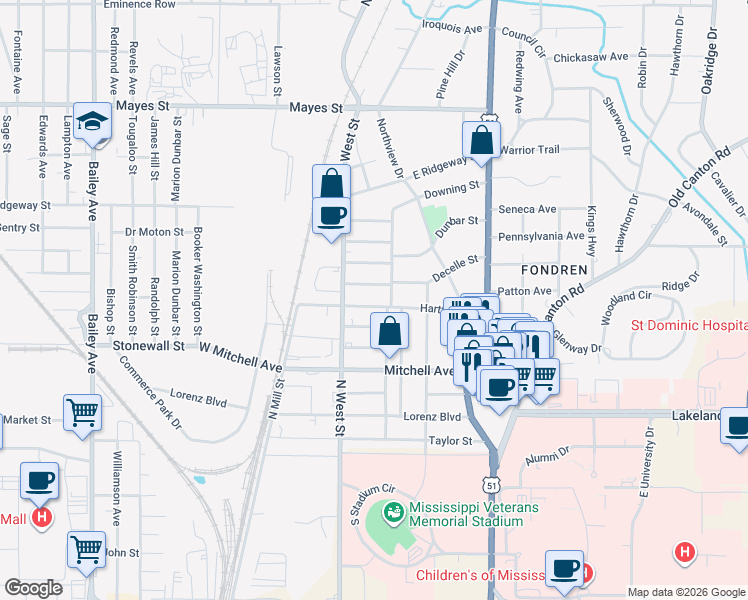 map of restaurants, bars, coffee shops, grocery stores, and more near 232 Hartfield Street in Jackson