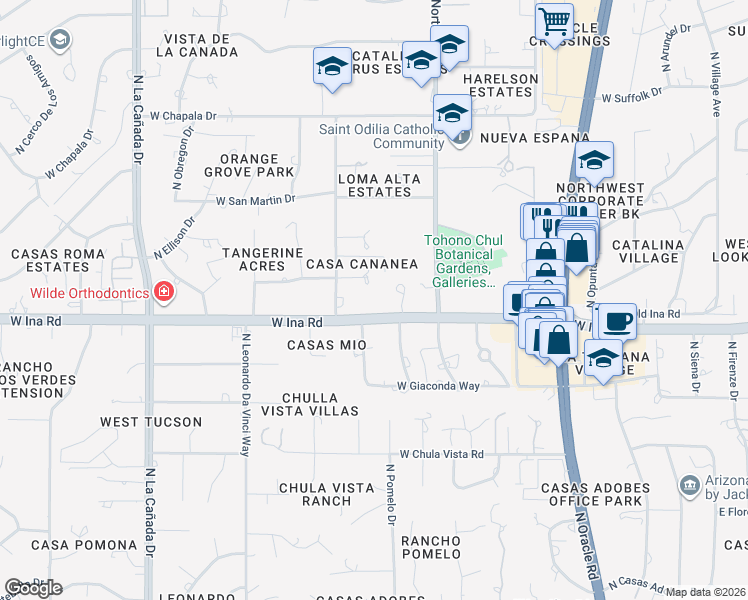 map of restaurants, bars, coffee shops, grocery stores, and more near in Oro Valley