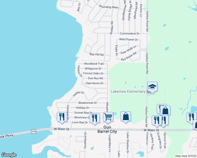 map of restaurants, bars, coffee shops, grocery stores, and more near 116 Doe Run Road in Gun Barrel City