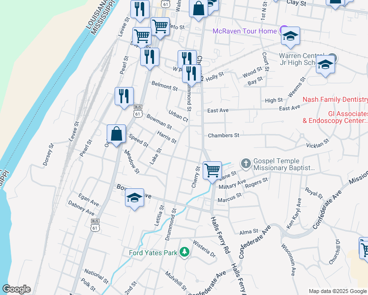 map of restaurants, bars, coffee shops, grocery stores, and more near 2300 Drummond Street in Vicksburg