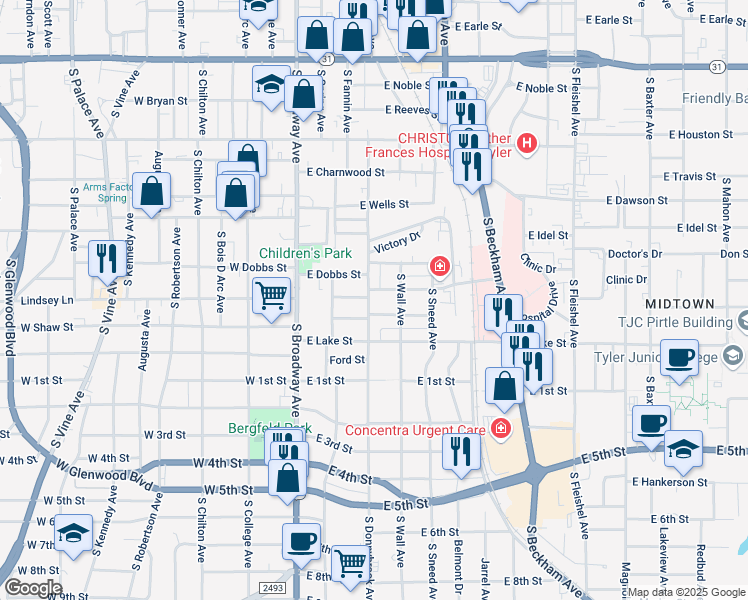 map of restaurants, bars, coffee shops, grocery stores, and more near 922 South Donnybrook Avenue in Tyler