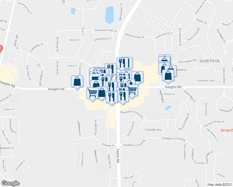 map of restaurants, bars, coffee shops, grocery stores, and more near Taylor Road in Montgomery
