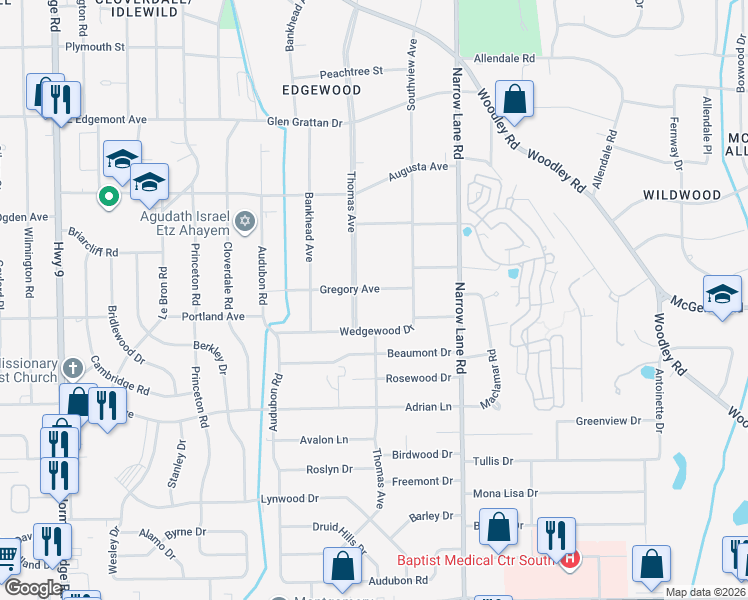 map of restaurants, bars, coffee shops, grocery stores, and more near 1226 Gregory Avenue in Montgomery