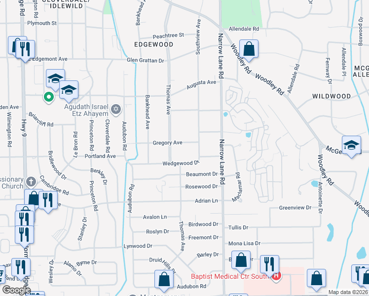 map of restaurants, bars, coffee shops, grocery stores, and more near 1226 Gregory Avenue in Montgomery