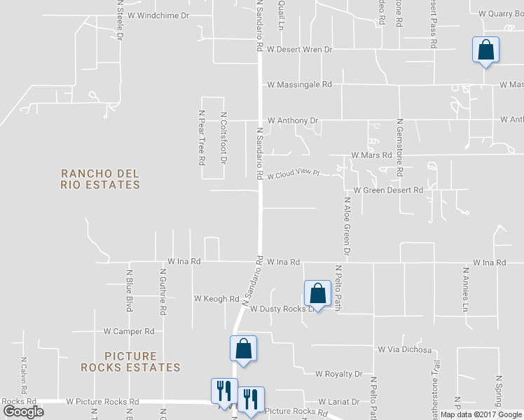 map of restaurants, bars, coffee shops, grocery stores, and more near 7320 North Sandario Road in Tucson