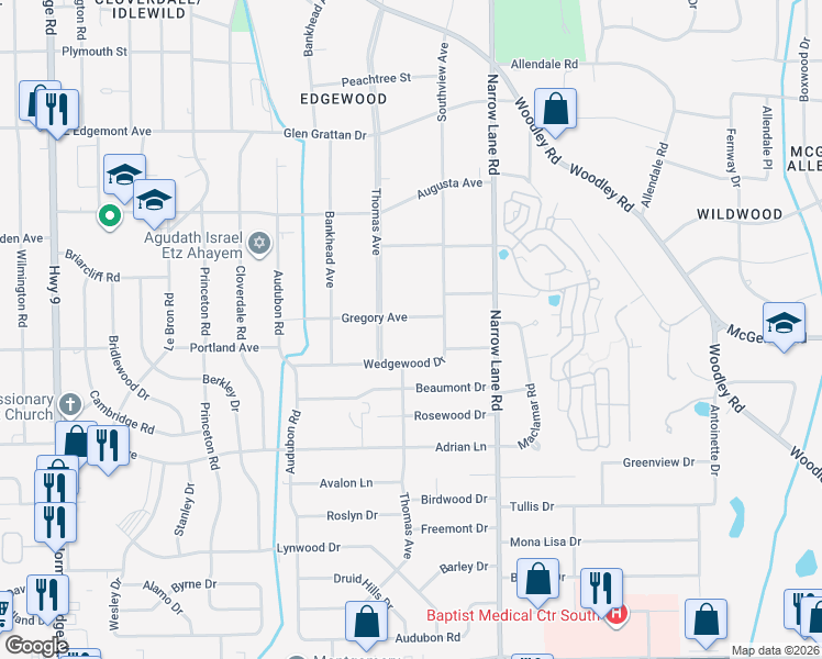 map of restaurants, bars, coffee shops, grocery stores, and more near 1226 Gregory Avenue in Montgomery