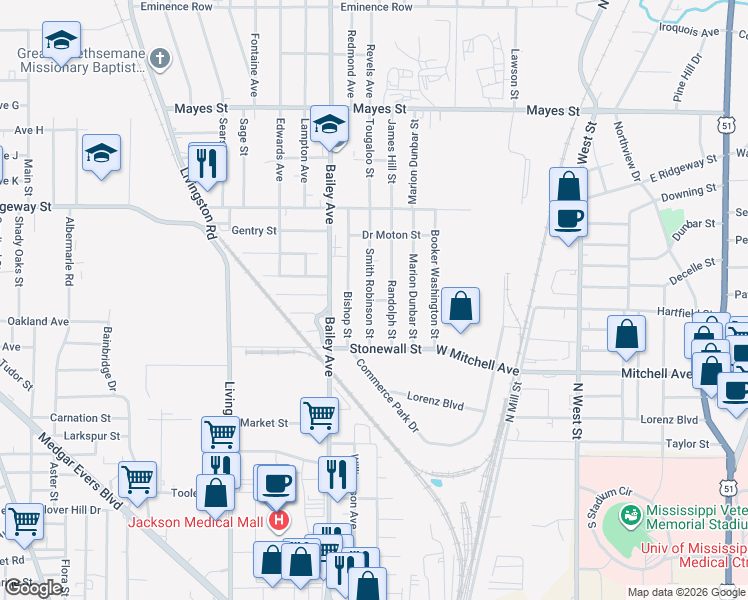 map of restaurants, bars, coffee shops, grocery stores, and more near 2922 Smith Robinson Street in Jackson