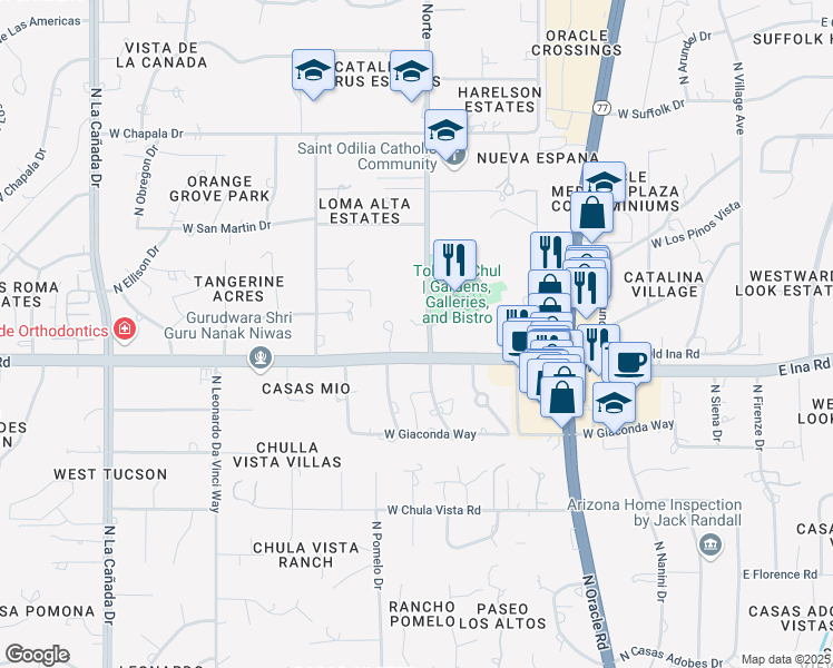 map of restaurants, bars, coffee shops, grocery stores, and more near 7235 North Paseo Del Norte in Tucson