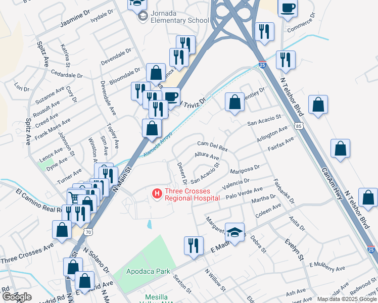 map of restaurants, bars, coffee shops, grocery stores, and more near 1530 Camino Del Rex in Las Cruces