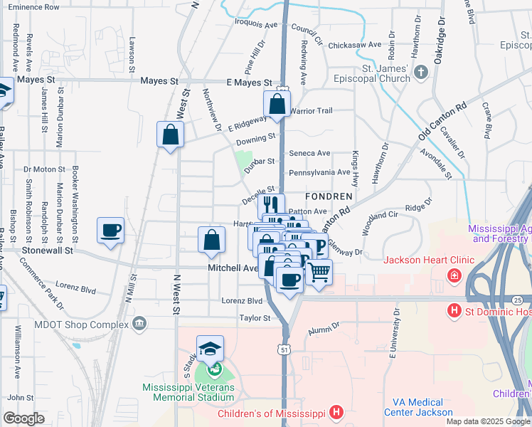 map of restaurants, bars, coffee shops, grocery stores, and more near 3312 Northview Drive in Jackson