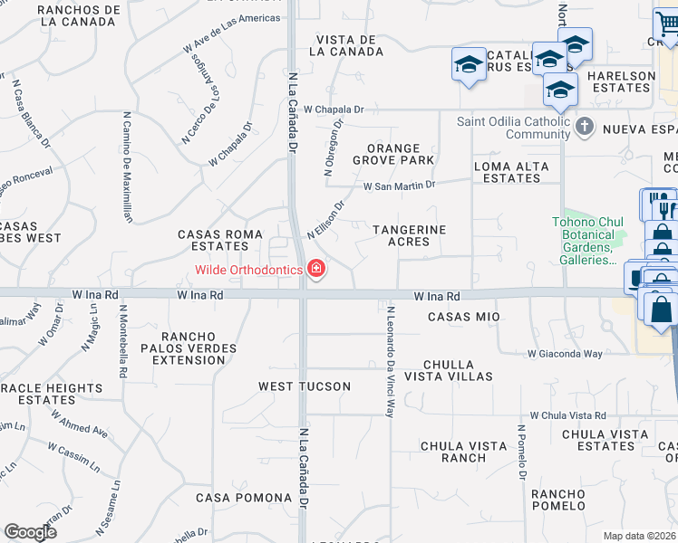 map of restaurants, bars, coffee shops, grocery stores, and more near 7221 North San Blas Drive in Tucson