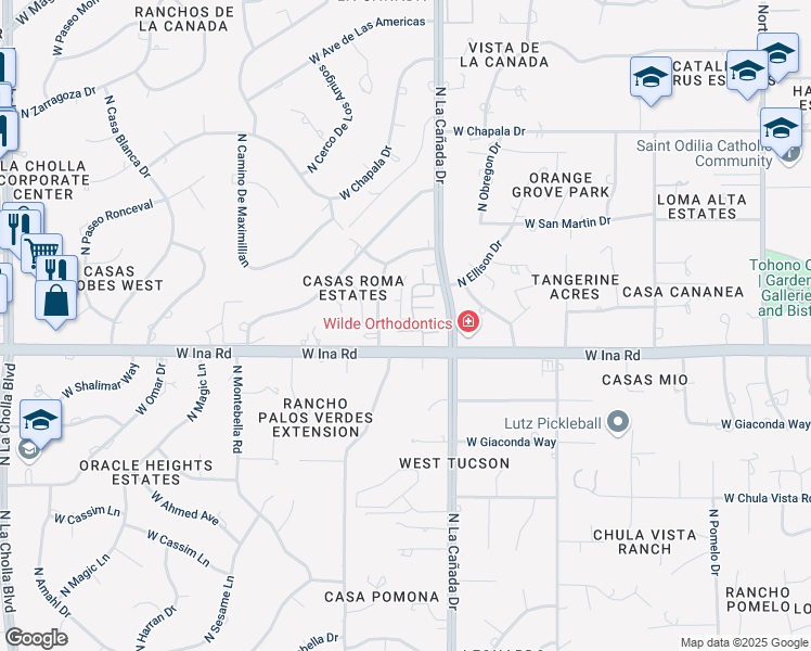 map of restaurants, bars, coffee shops, grocery stores, and more near 7251 North Las Quintas Drive in Tucson
