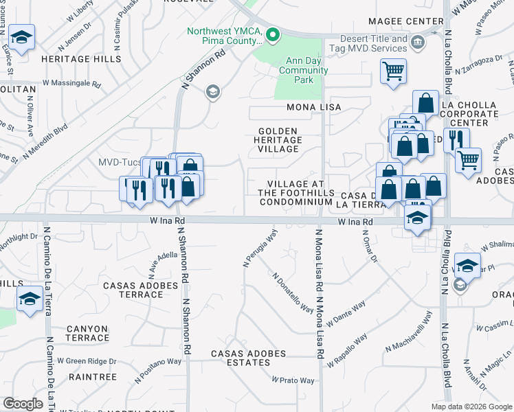 map of restaurants, bars, coffee shops, grocery stores, and more near 7425 North Mona Lisa Road in Tucson