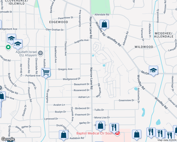 map of restaurants, bars, coffee shops, grocery stores, and more near 3618 Narrow Lane Road in Montgomery