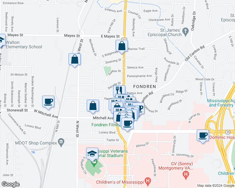 map of restaurants, bars, coffee shops, grocery stores, and more near 3336 Northview Drive in Jackson
