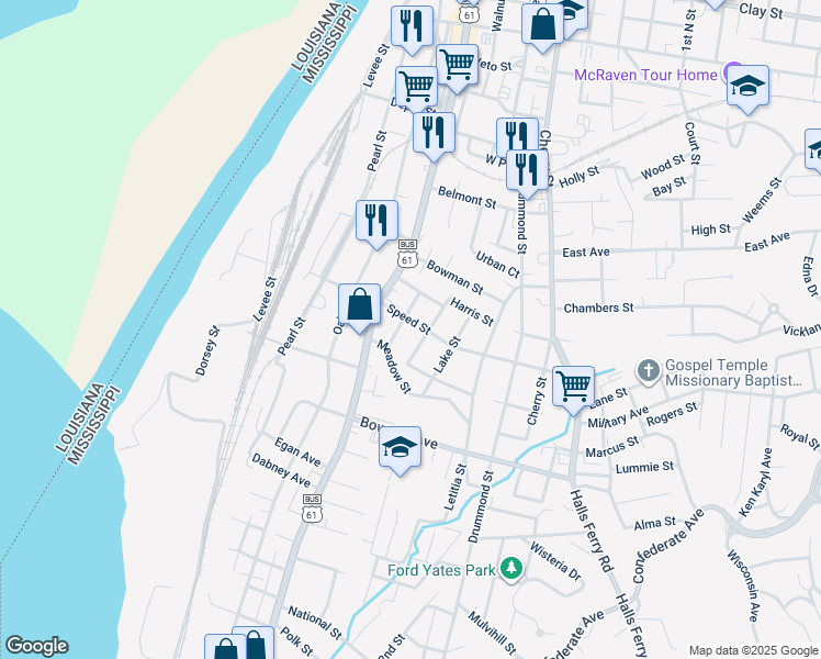 map of restaurants, bars, coffee shops, grocery stores, and more near 801-805 Speed Street in Vicksburg