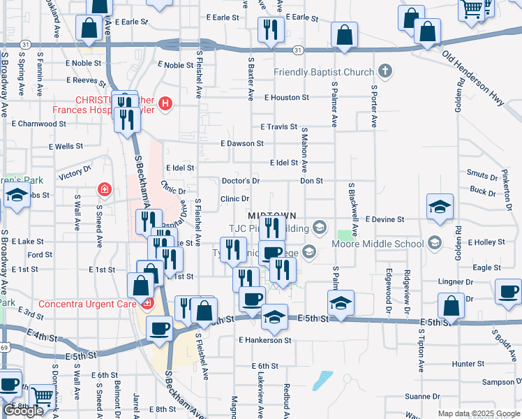 map of restaurants, bars, coffee shops, grocery stores, and more near 930 South Baxter Avenue in Tyler