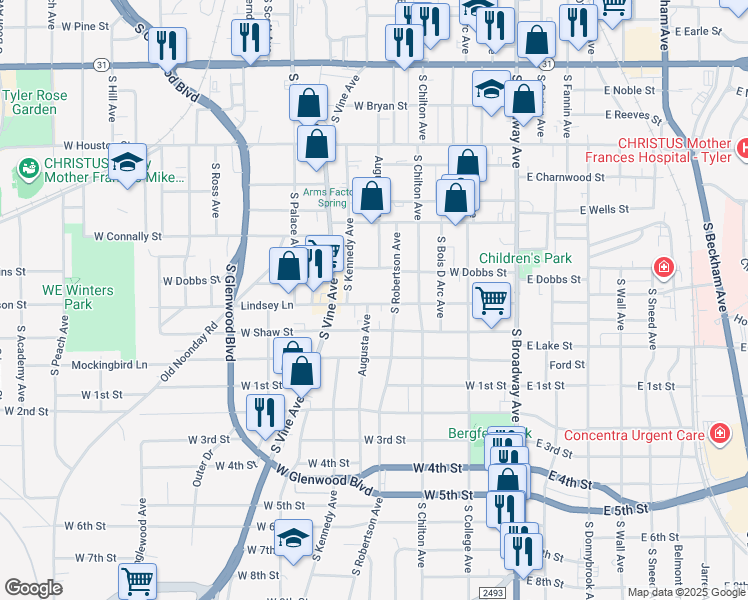 map of restaurants, bars, coffee shops, grocery stores, and more near 613 Lindsey Lane in Tyler