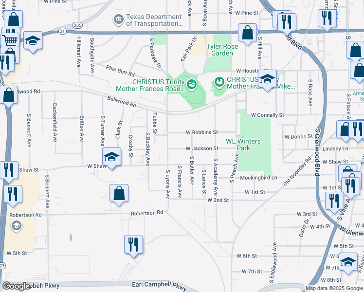 map of restaurants, bars, coffee shops, grocery stores, and more near 2109 West Jackson Street in Tyler