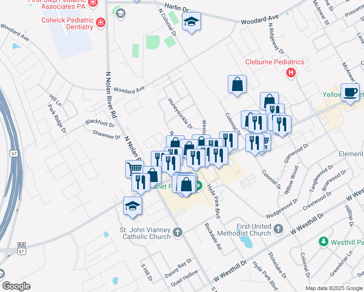 map of restaurants, bars, coffee shops, grocery stores, and more near 1691 North Hyde Park Boulevard in Cleburne