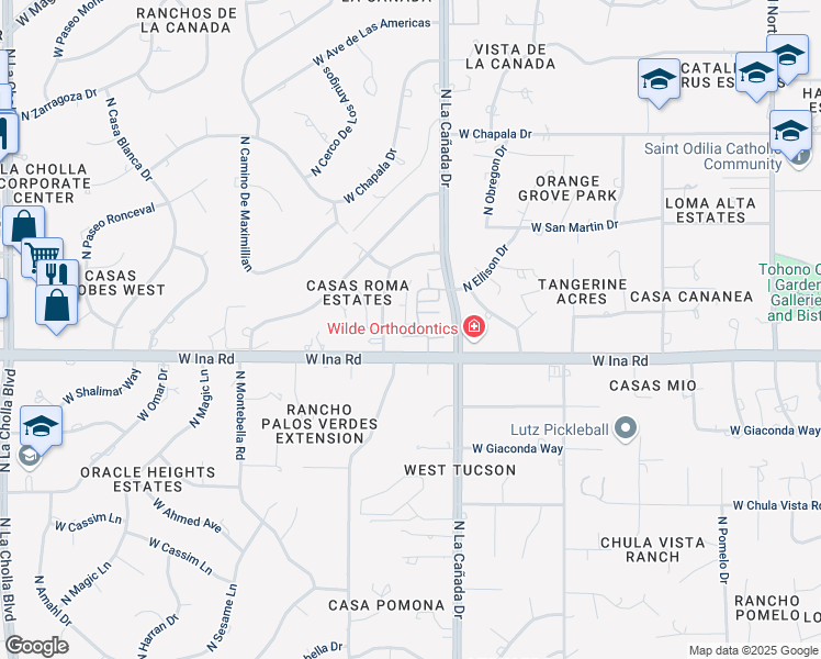 map of restaurants, bars, coffee shops, grocery stores, and more near 7251 North Las Quintas Drive in Tucson